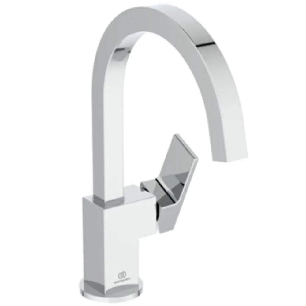 Waschbeckenarmatur in Chromausführung mit hohem, geschwungenem Auslauf. Ideal Standard, modernes Design für Badezimmeranwendungen. Mechanischer Hebel zur Wassersteuerung.